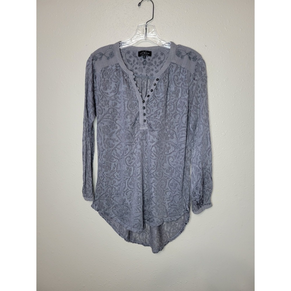 Lucky Brand Semi Sheer Gray Embroidered Popover‎ Tunic Top Boho Peasant Small